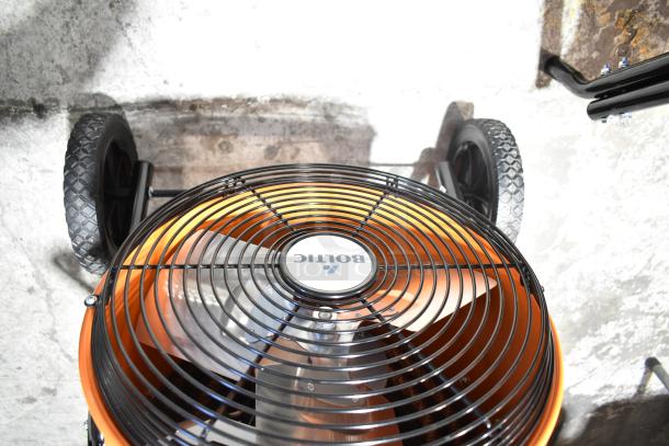 Brand new Boltic SHAG-K12F portable electric salamander heater, 480V, 3-phase, visible black grille, and sturdy wheels.