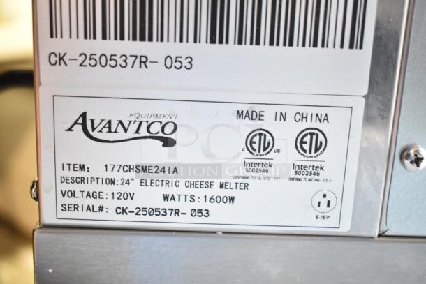 Brand new Avantco 24" electric countertop cheese melter, model 177CHSME24IA. Voltage: 120V, Watts: 1600W. Serial #CK-250537R-053.