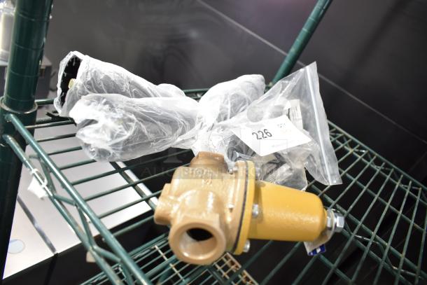 6 various items including a Watts LFN250B water pressure reducing valve in new condition, with packaging and lot tag 226.