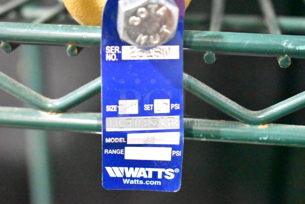 Watts LFN250B water pressure reducing valve, blue label with model and size details, attached to green rack.