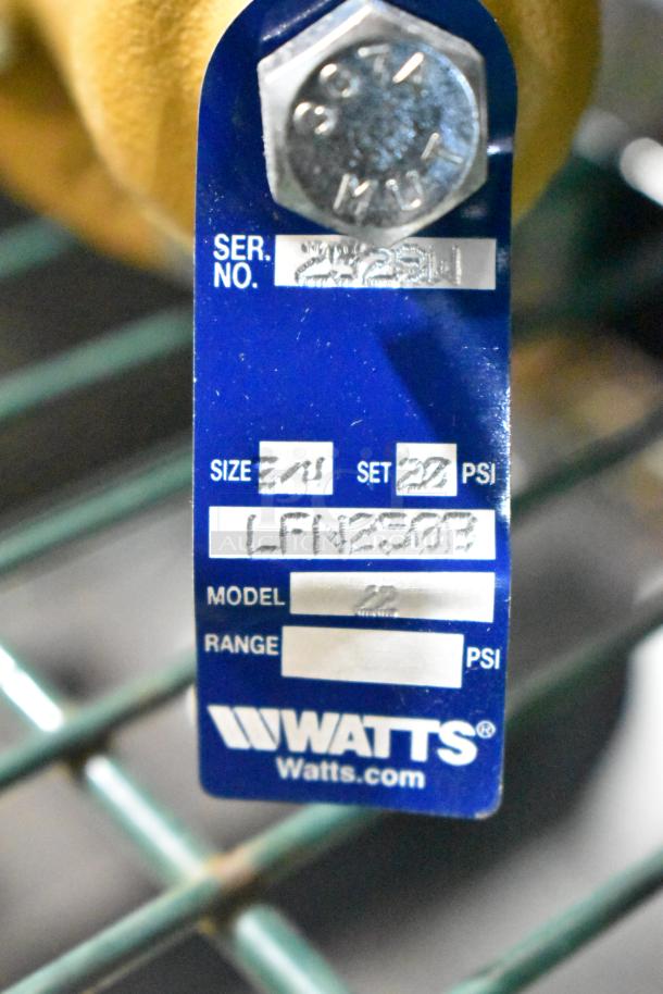 Watts LFN250B water pressure reducing valve with blue label showing size, set PSI, and serial number. 6 items per bid.