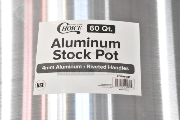 Choice 60 Qt. aluminum stock pot, 4mm thick with riveted handles, model 471SP60QT, NSF certified, brand new.