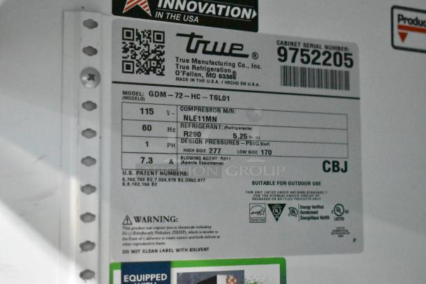 True GDM-72-HC cooler label showing model, 115V, R290 refrigerant. UL and Energy Star listed. Serial 9752205.