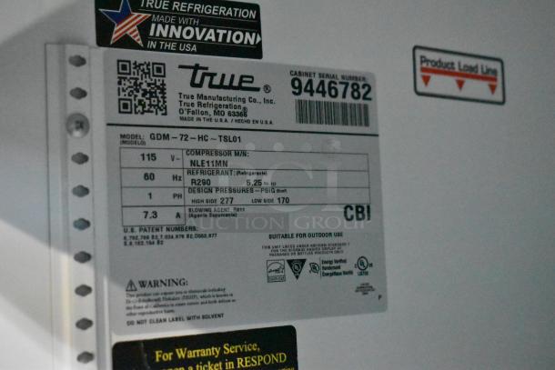 2018 True GDM-72-HC commercial cooler label; 115 volts, 1 phase, model details, serial number 9446782.
