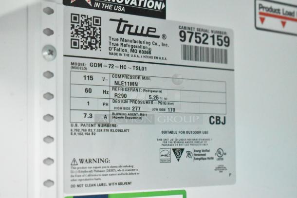 2019 True GDM-72-HC Commercial 3 Door Cooler label. 115V, 1 Phase, R290 refrigerant. Serial 9752159. Energy Star rated.