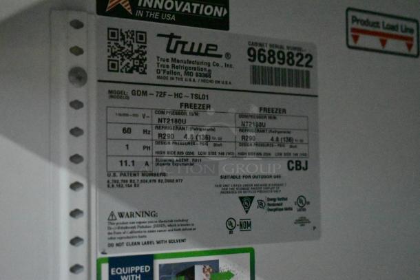 2019 True GDM-72F-HC commercial freezer label details model, voltage, refrigerant R290, and outdoor suitability.