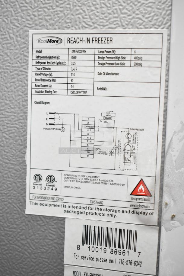 KoolMore KM-FMD20WH commercial freezer label showing model details, 115V, circuit diagram, and safety certifications.