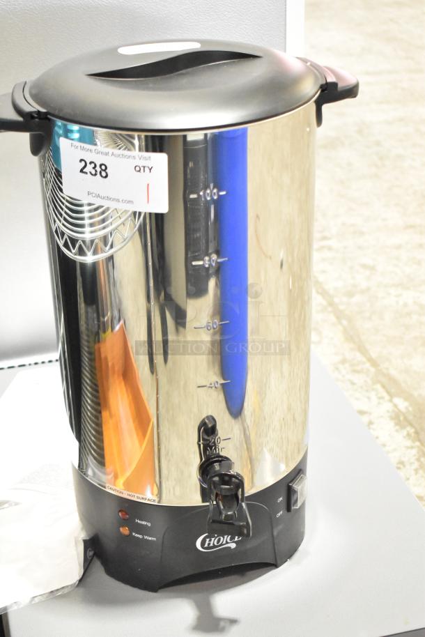 BRAND NEW Choice 407CCU100 coffee urn percolator, 120V, scratch and dent, visible tag shows item number.