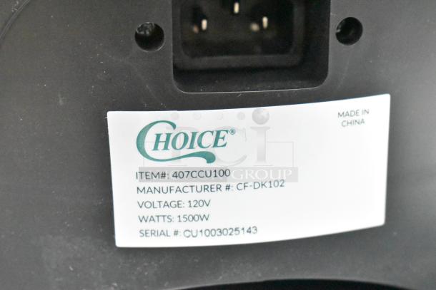 Brand new Choice 407CCU100 coffee urn percolator. 120V, 1 phase, 1500W, serial CU1003025143, minor cosmetic flaws.
