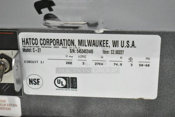 BRAND NEW Hatco C-27 Compact Booster Water Heater, 208V, 3 Phase, Model C-27. Slight scratches. Labels indicate specs and certifications.