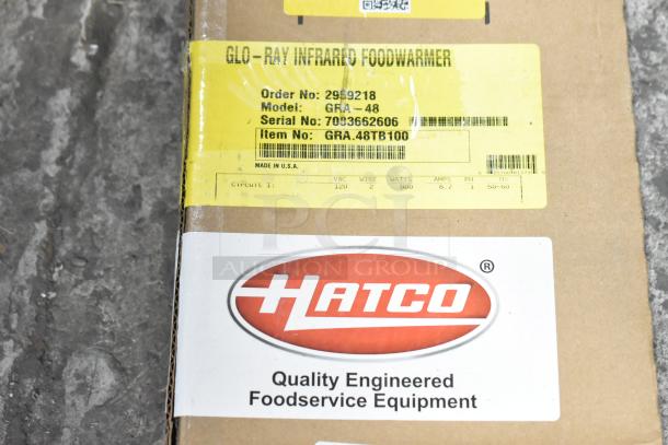 Hatco GRA-48 infrared food warmer box with label showing model, serial number, and power specifications. Brand new condition.