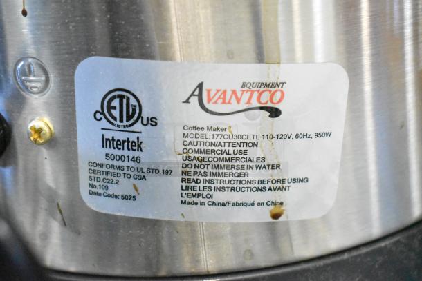 Avantco 177CU30CETL coffee urn label, details include 110-120V, 60Hz, 950W, commercial use caution, and Intertek certification.