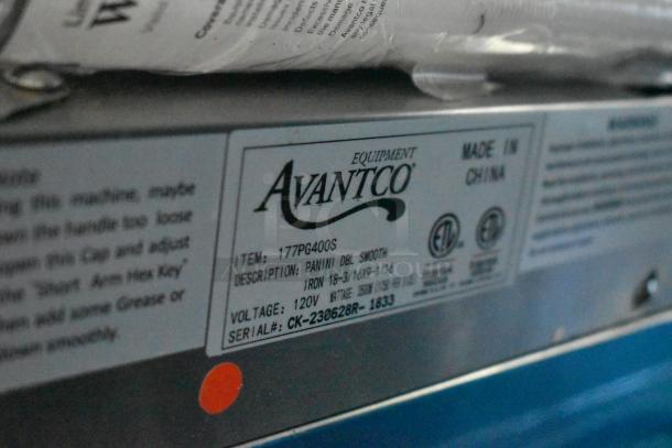 Avantco 177PG400S Commercial Panini Grill label, showing model, voltage, and serial number details.