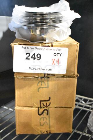 Four boxes of 12 new Choice 176AUGR8OZO 8 oz. stainless steel oval au gratin dishes. Scratch and dent condition.