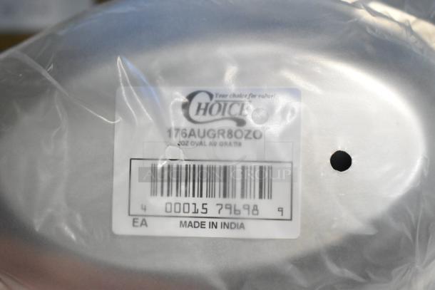 4 boxes of new scratch and dent Choice 176AUGR8OZO 8 oz. stainless steel oval au gratin dishes. Made in India.
