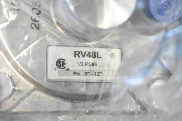 RV48L regulator in sealed packaging, label showing "1/2 PSIG, Po 5”-12”," indicating specifications and certified standards compliance.