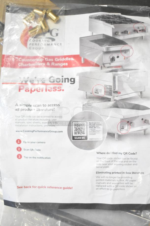 Brand new Cooking Performance Group GM-CPG-60-NL 60" natural gas griddle manual, featuring QR code for product literature access.