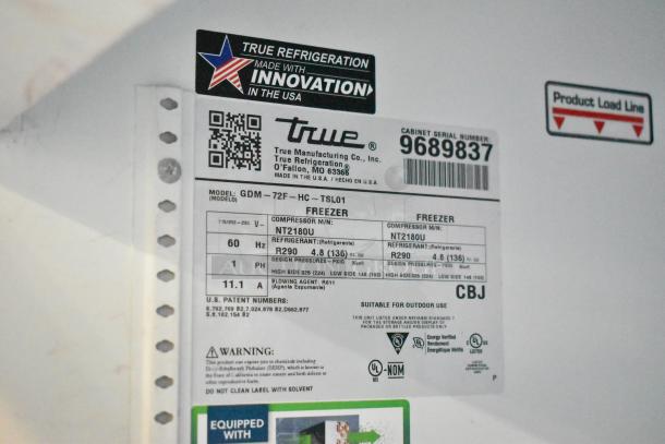 2019 True GDM-72F-HC commercial freezer label showing model, voltage, refrigerant details, and UL certification.