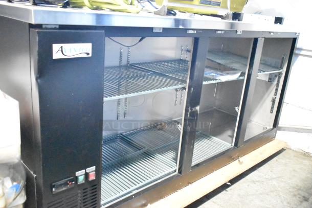 Brand new Avantco 178UBB378G 78" black back bar refrigerator, missing doors, glass door design, LED lighting, 115V, 1 phase.