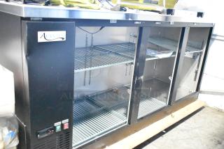 Brand new Avantco 178UBB378G 78" black back bar refrigerator, missing doors, glass door design, LED lighting, 115V, 1 phase.