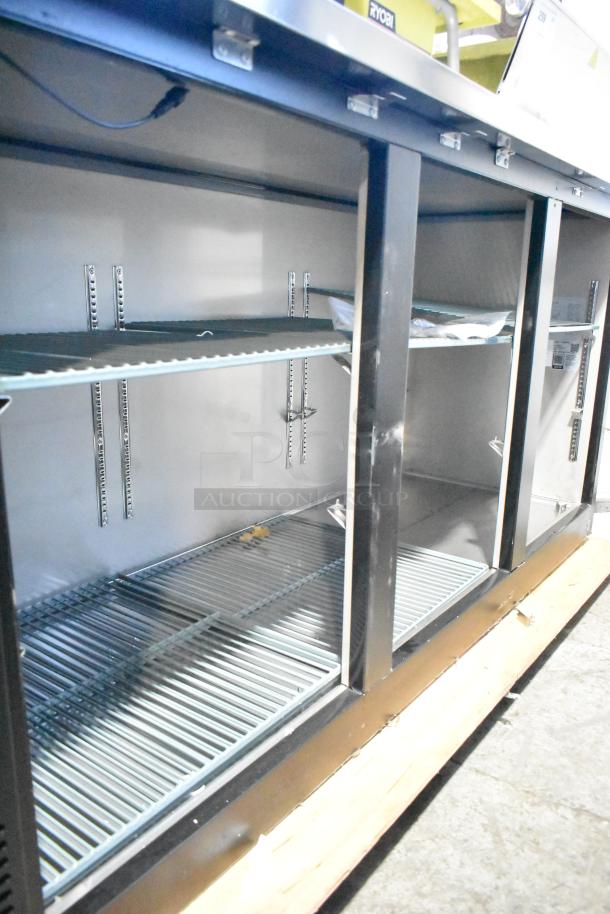 Brand new Avantco 178UBB378G 78" black back bar refrigerator, glass doors missing, scratch and dent, LED lighting, 115V.