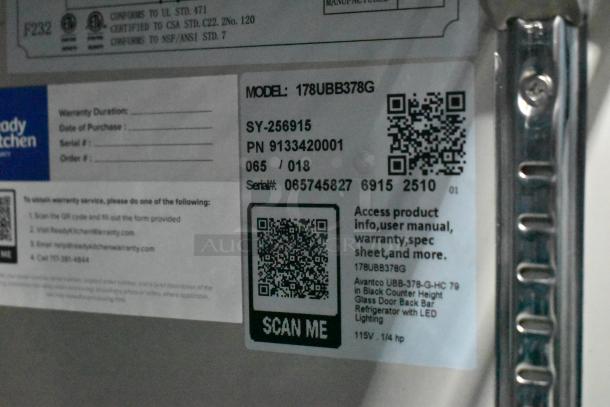 Alt text: "Avantco 178UBB378G back bar refrigerator labels showing model, serial number, and QR code for product info."