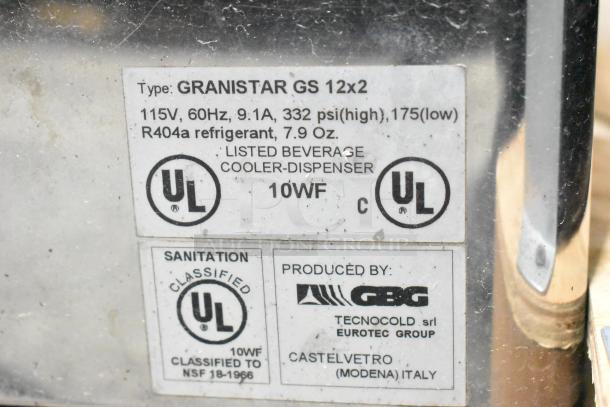 Stoelting Granistar GS commercial slushie machine label; 115V, 60Hz, 1 Ph. Missing lids, uses R404a refrigerant, UL listed.