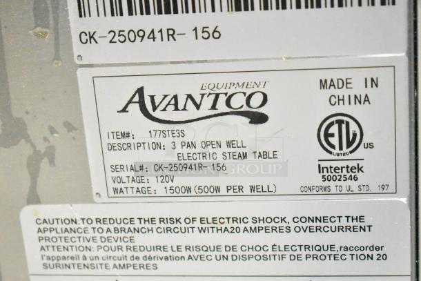 Brand new 2025 Avantco 177STE3S three pan open well electric steam table, 120V, 1 Phase, with undershelf. Scratch and dent condition.