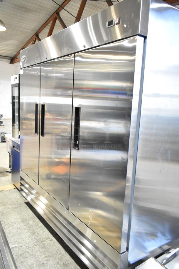 Brand new 2025 KoolMore RIR-3D-SS 80" commercial refrigerator, three-door, 72 cu. ft, 115V, with minor dents.