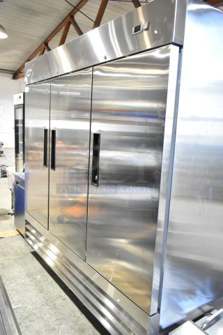Brand new 2025 KoolMore RIR-3D-SS 80" commercial refrigerator, three-door, 72 cu. ft, 115V, with minor dents.