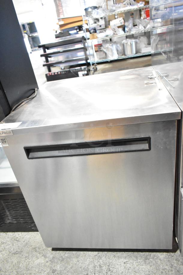Delfield Commercial Single Door Undercounter Cooler, stainless steel finish, 115 volts, 1 phase, model label visible, good condition.