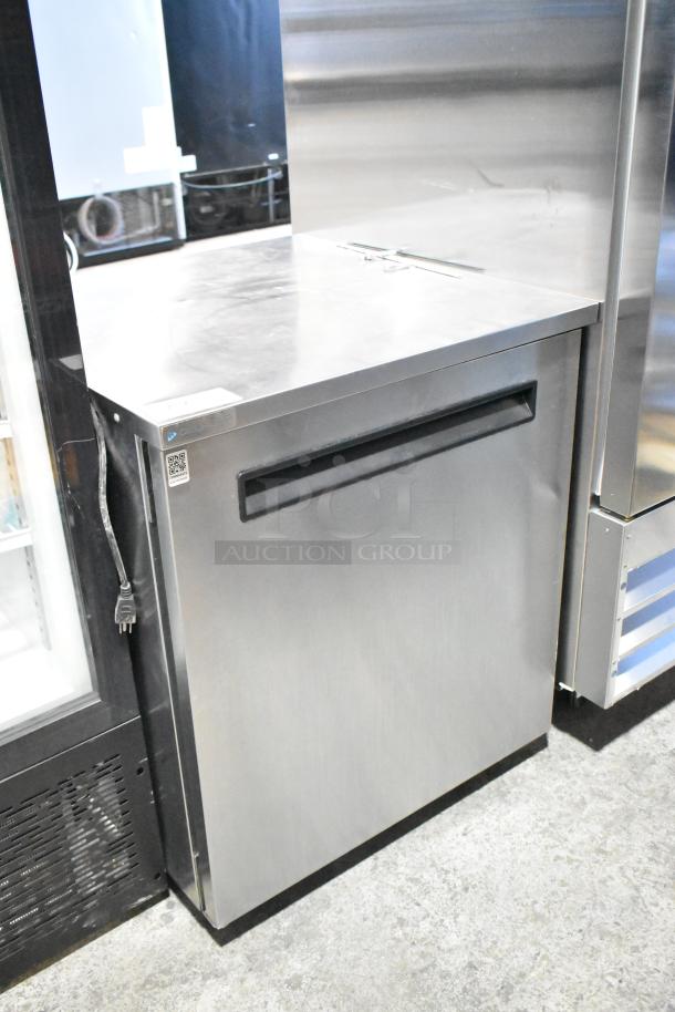 Delfield commercial single-door undercounter cooler, stainless steel, 115 volts, 1 phase, features visible.
