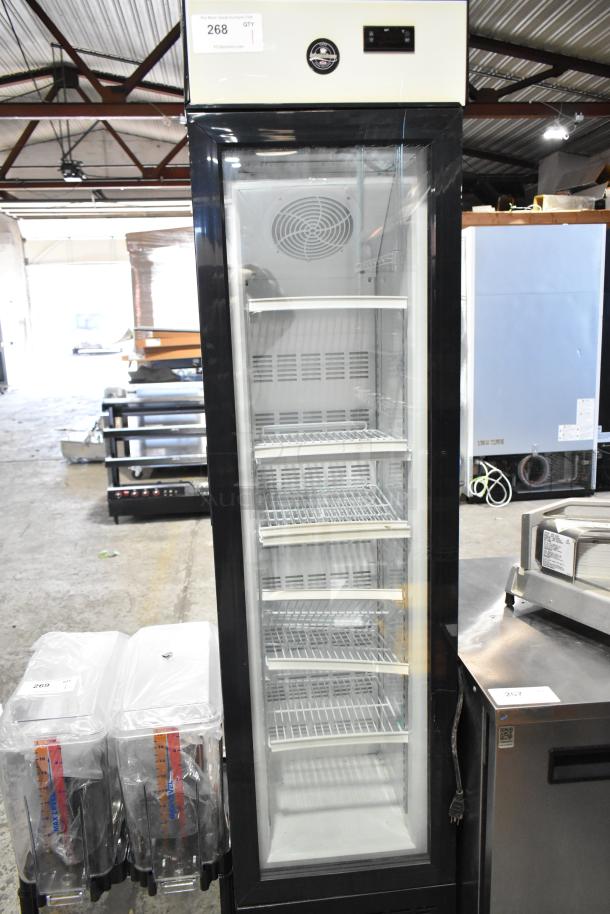 Cooler Depot SD105B commercial single door reach-in cooler, glass front, adjustable shelves, model and voltage label visible.