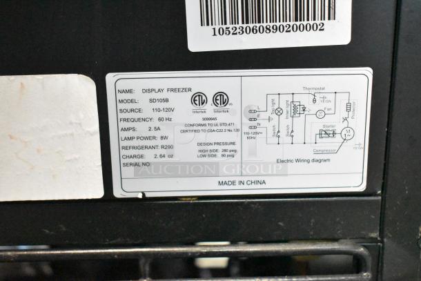 Cooler Depot SD105B commercial cooler label showing model, voltage, amps, refrigerant, and wiring diagram. Made in China.