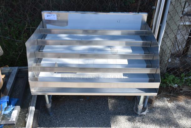 Brand new commercial bottle display rack, stainless steel, scratch and dent, multi-shelf, durable construction, label indicating model number.