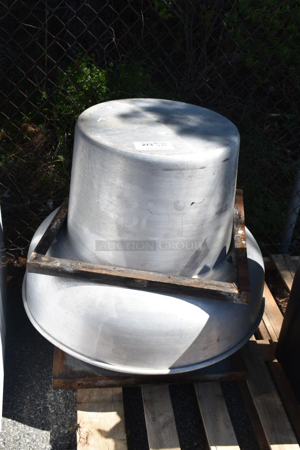 Rooftop mushroom exhaust fan on pallet; metal build, used condition, visible ID tag "273".