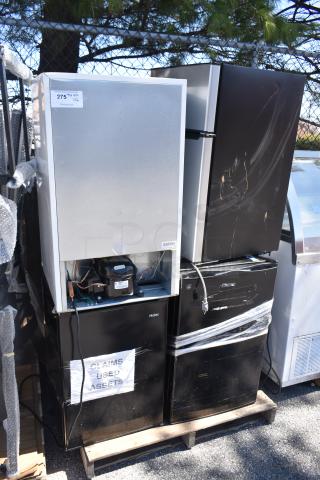 6 used mini coolers including Galanz GLR31TS1E02 and Haier models, 115 volts, 1 phase, stacked on a pallet outside.