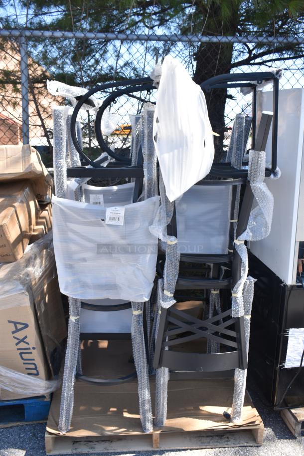 Brand new scratch and dent cross back chair frames, model 164BCROSSFRN, wrapped for protection, with visible labels.