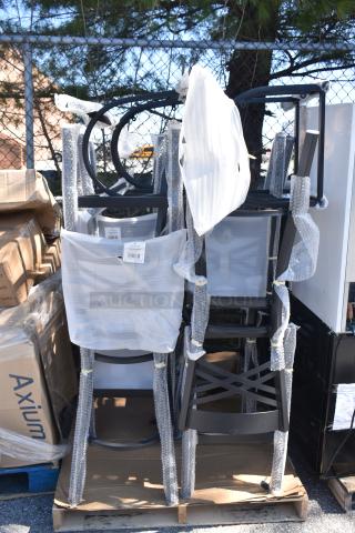 Brand new scratch and dent cross back chair frames, model 164BCROSSFRN, wrapped for protection, with visible labels.