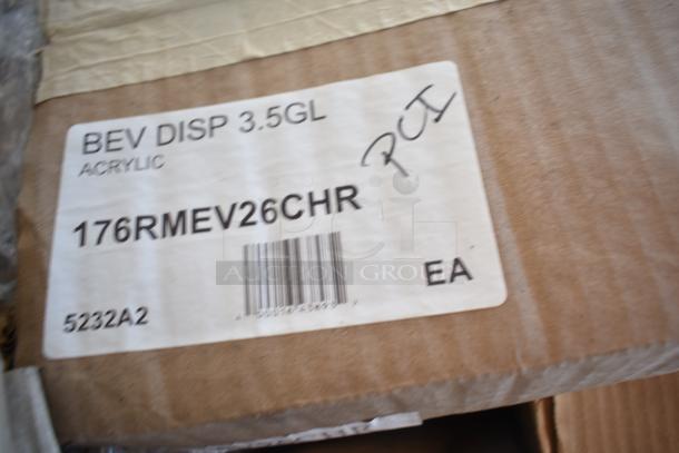 Label on a box indicating "BEV DISP 3.5GL, ACRYLIC, 176RMEV26CHR," with a barcode and handwritten marking "PC1."