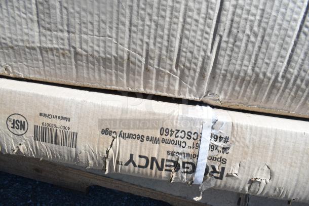 Cardboard boxes labeled NSF, Regency Chrome Wire Security Cage, made in China, showing scratch and dent damage.