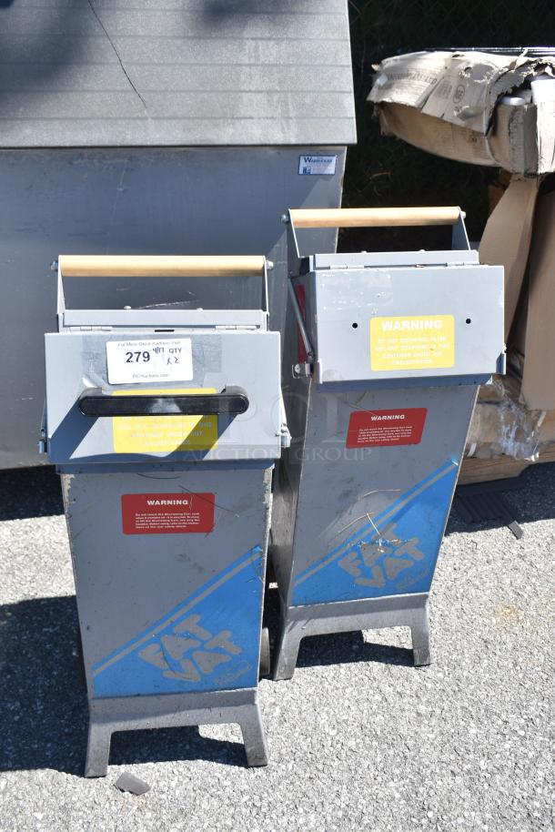 2 Pitco D9109105 FAT VAT 40 lb. waste oil transport containers, new with minor dents, warning labels visible, 2 units.
