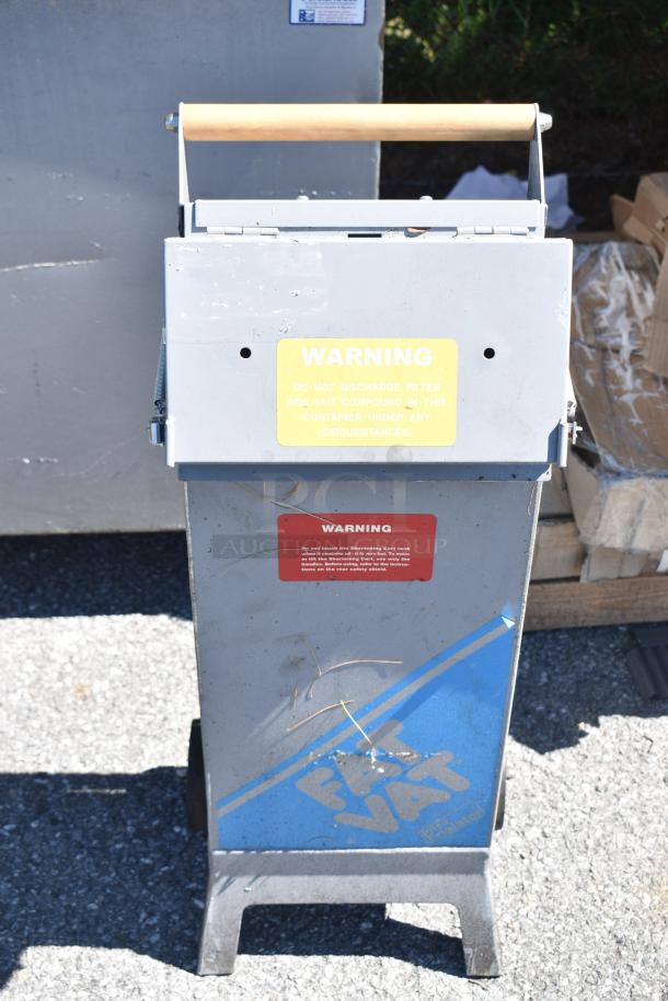 Brand new Pitco® D9109105 FAT VAT 40 lb. waste oil container. Scratch and dent condition. Warning labels visible.