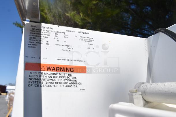 Manitowoc QY1305W ice maker label shows model, serial no. 000767640, and warning about ice deflector use. 208-230 volts.