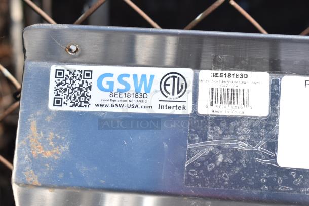 Commercial 3 Bay Sink by GSW with model SEE18183D, features dual drain boards. NSF/ANSI 2 certified.