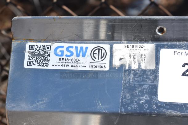 GSW Commercial 3 bay sink with dual drain boards, SE18183D model, visible labels from GSW and Intertek, some wear.