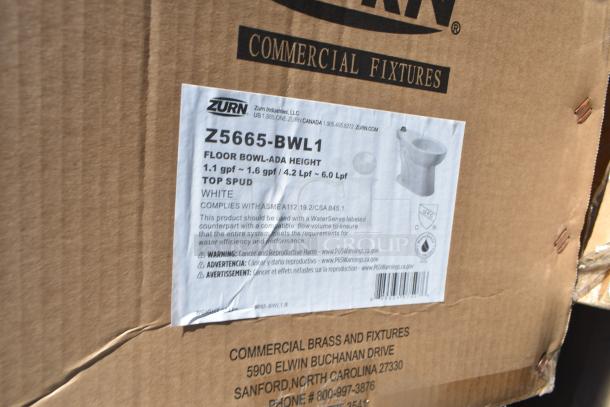 Brown cardboard box with Zurn label, model Z5665-BWL1. Contains new toilet bowl with ADA height, 1.1-1.6 gpf, white.