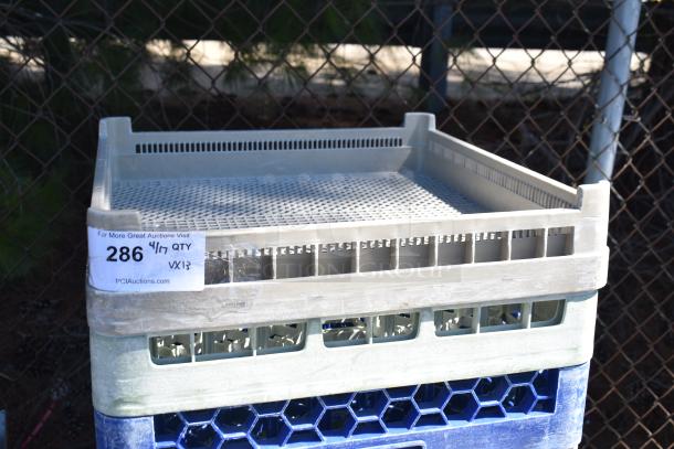 Lot of dish caddy dolly with 12 poly dish caddies on commercial casters; auction tag shows lot number 286.