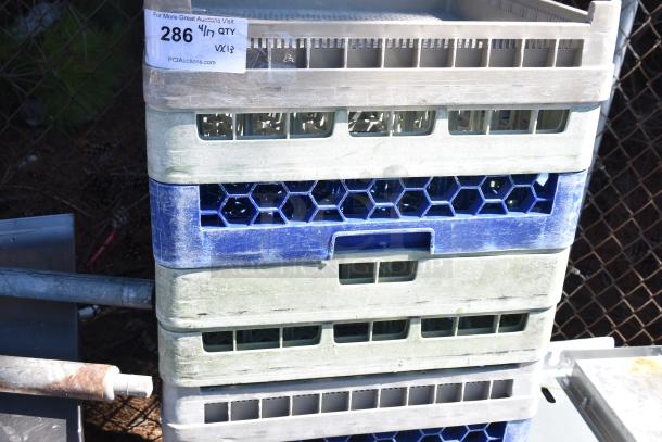 Stack of 12 poly dish caddies on a commercial dolly with casters. Labels show "286 4/7 QTY." Used condition.