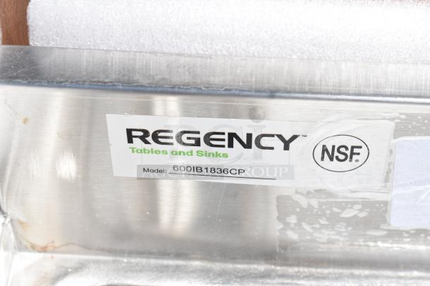 Regency 600IB1836CP label on underbar ice bin, NSF certified, with cold plate and bottle holders. Condition: Scratch and dent.